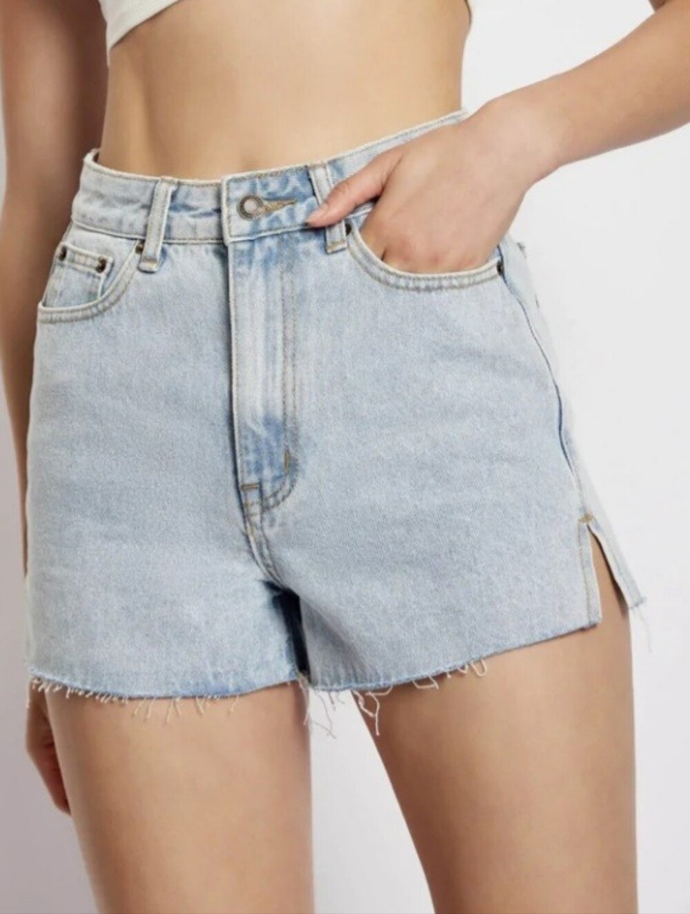 Meshki Nancy split hem denim shorts